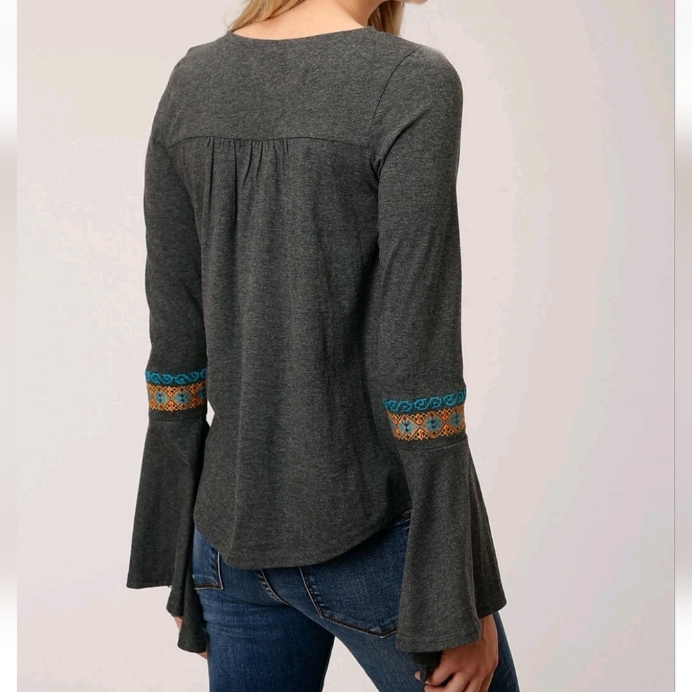 Roper Bell Sleeve Grey Embroidered Top Blouse Western Cowgirl Women's Medium - Picture 2 of 10